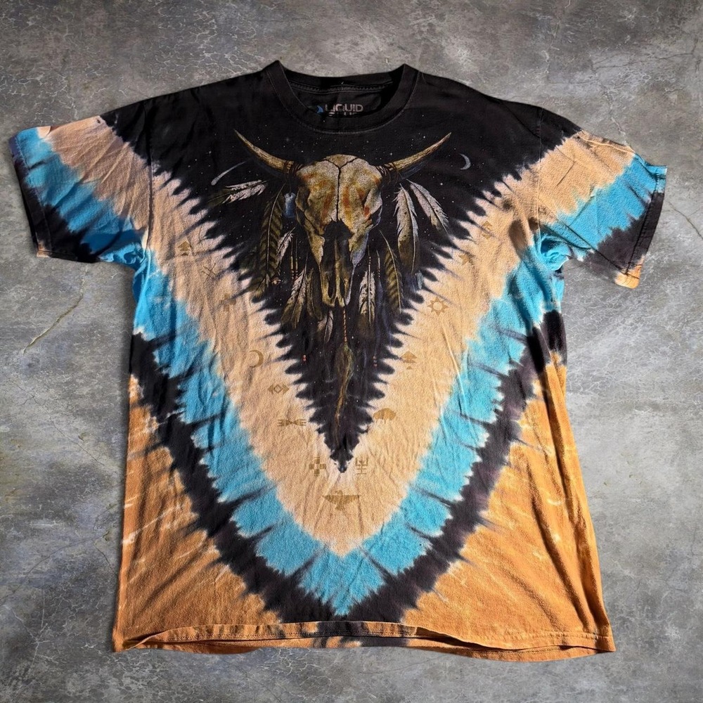 Liquid Blue Bull Skull Tie Dye Graphic T-Shirt Mens XXL Western Biker All Over